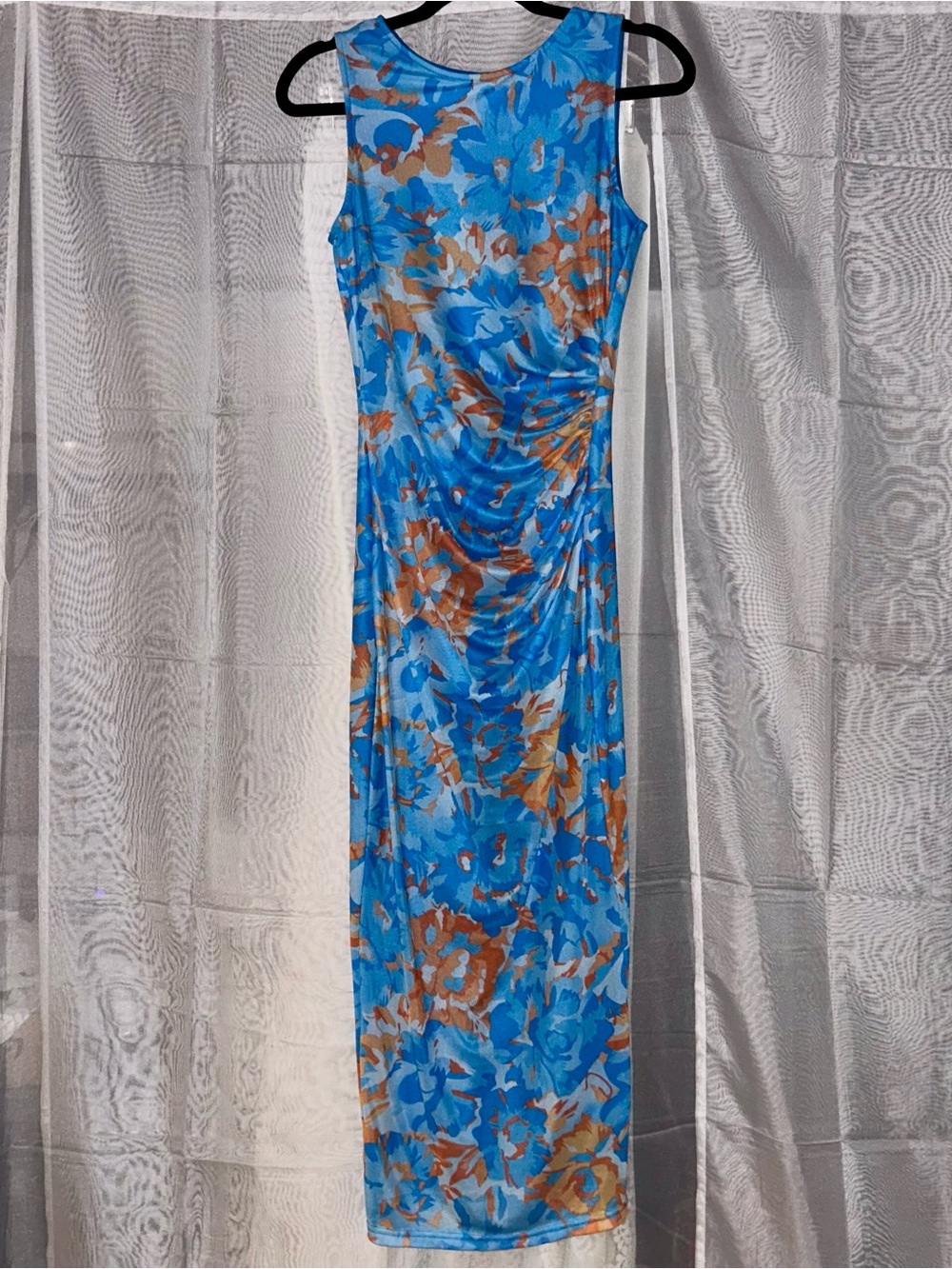 S - Sleeveless Blue Floral Ruched Maxi Dress